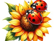 two ladybugs sitting on top of a sunflower