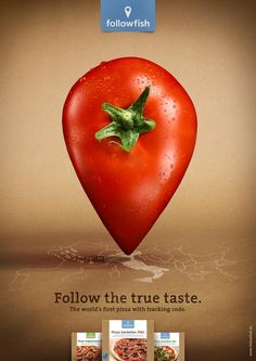 an advertisement with a heart shaped tomato on it's side and the words follow the true taste