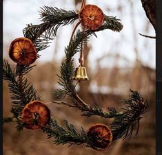 an image of a christmas tree with bells hanging from it's branches and pine cones