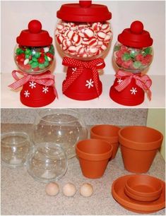 there are some candy jars and cups on the counter next to each other, including one with peppermints in it