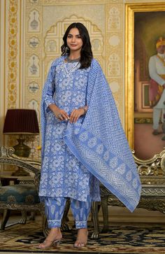 Blue Viscose Printed & Embroidered Suit Set with Chanderi Cotton Dupatta Blue Kurta, Embroidered Suit, Palazzo Suit, Print Embroidery, Embroidery Detailing, Cotton Dupatta, Churidar, Suit Set, Fabric Shop