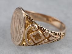 This antique Ostby Barton signet ring is stunning! Deeply carved designs along the shoulders form ornate textures, enhanced by a granulated finish that gives the 10k gold a luxurious look. We've left the original monogram – a stylish hand engraved French script! Please note that this signet ring has its original monogram, and unfortunately, this piece cannot be altered without affecting the quality of the piece. Please feel free to contact us to help you find your perfect signet ring in your sty Custom Signet Ring, French Script, Signet Ring Men, Jewellery Marketing, Family Jewellery, Cameo Ring, Gold Signet Ring, Victorian Rings, Carved Designs