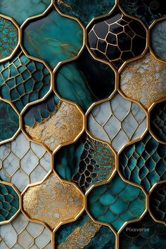 an abstract wall with gold and blue tiles