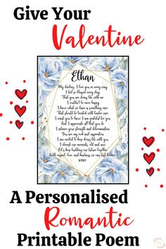 a personalised romantic poem for valentine's day with flowers and hearts in the background