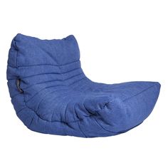 a blue bean bag chair sitting on top of a white floor