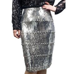 Silver Beaded Sequin A-line Bodycon Skirt Fitted Sequin Pencil Skirt For Night Out, Elegant Sequin Pencil Skirt For Party, Fitted Sequin Pencil Skirt, Fall Sequined Mini Skirt, Fall Mini Skirt With Sequins, Fitted Knee-length Sequin Skirt, Summer Sequin Knee-length Skirt, Chic Knee-length Sequined Skirt, Summer Knee-length Sequin Skirt