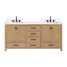 a double sink vanity with two black faucets