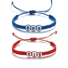 three different bracelets with the words bro and sis written in white letters on them