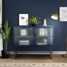 a blue cabinet with plants and pictures on the wall