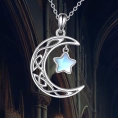 This moon necklace is crafted with precision, featuring a delicate crescent pendant adorned with a radiant star and a glowing moonstone. Representing vitality and strength, the celestial design captures the beauty of the night sky. Made from high-quality sterling silver, it ensures durability and long-lasting wear. The moonstone center adds an enchanting touch, making it eye-catching for any occasion. The adjustable 18+2 inch chain is sturdy yet elegant, perfect for daily wear or special moments Moon Star Necklace, Crescent Pendant, Celtic Moon, Silver Necklace For Women, Celestial Design, Crescent Moon Pendant, Moon Star, Moon Pendant, Moon Necklace