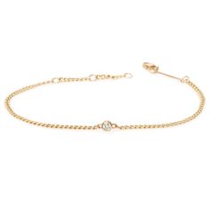 14k extra small hollow curb chain bracelet with a single bezel set diamond set in the chain SPECIFICS• 14k extra small hollow curb chain is 6-6.5-7" adjustable, chain is approx. 2mm wide• 3mm white diamond .10 ctw• available in yellow gold only• Lobster clasp closure***Please note curb chain bracelets can not be resized. Please make sure to order the correct size. Please view our bracelet size guide here. Diamond Chain Bracelet With Adjustable Chain, Elegant White Gold Diamond Bracelet With Curb Chain, Classic Diamond Chain Bracelet With Adjustable Chain, Elegant Diamond Bracelet With Curb Chain, Elegant Diamond Chain Bracelet With Curb Chain, Classic Round Diamond Bracelet With Curb Chain, Elegant Diamond Curb Chain Bracelet, Classic Diamond Bracelet With Chain, Elegant 14k Gold Diamond Bracelet With Curb Chain