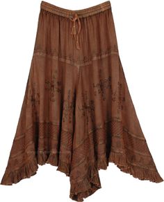 A renfaire aesthetic brown skirt with soft fabric, amazing quality, and a renaissance high low design! This western country maxi skirt in rayon is highlighted by fine embroidery and a georgette flared panel on the hem. It is stitched in layers that become fuller with each tier, each tier has an individual embroidered design with a ruffled handkerchief bottom style. #tlb #Embroidered #XLPlus #Misses #HighLow #Handkerchief #cuntrycoreskirt #forestcore