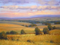 a painting of a field with trees in the distance