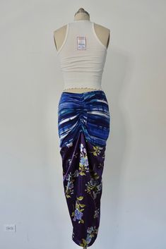 One of a Kind Size Medium Elastic waistband Elastic ruching Cotton stretch fabric Model is 5’8, 32A Bust, Waist 26, Hips 38.5 Sizing Measurements in Inches Below Waist 26-32”, Hips 38-50”, Length 35” Up-cycled from a shirt and a kimono *Hand Wash Fitted Draped Maxi Skirt For Spring, Draped Flowy Ruched Bottoms, Ruched Draped Flowy Skirt, Ruched Fitted Draped Maxi Skirt, Fitted Ruched Draped Maxi Skirt, Fitted Bottoms With Gathered Waist For Spring, Fitted Maxi Skirt With Ruched Sides For Spring, Ruched High Waist Maxi Skirt, Fitted Ruched Draped Bottoms