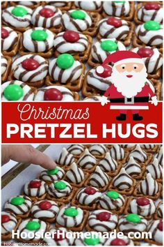 christmas pretzel hugs with santa clause on top and green candy in the middle