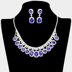 Rhinestone Trim Blue Oval Stone Accented Silver Necklace Set Sparkle Armand Silver Necklace Set, Rhinestone Trim, Oval Stone, Sapphire Blue, Glass Crystal, Pierced Earrings, Earings Piercings, Necklace Set, Jewelry Set