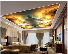 a bedroom with a large painting on the ceiling