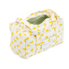 Discover elegance in compact form with our Lemonade Mini Duffel Bag, a stylish carry-all with a convenient zippable front pocket,  crafted to be your perfect companion for impromptu outings or as a sleek organizer for your essentials.    The quilted exterior features a beautiful lemon-themed pattern, complemented by a classy striped green interior.   From gym sessions to weekend getaways or daily errands, this mini duffel effortlessly blends organization with style, offering a chic solution for your on-the-go lifestyle.  Size: 12" x 7" x 7" White Duffle Bag With Zipper For Everyday Use, White Duffle Bag With Zipper Closure For Everyday Use, On-the-go Pouch Travel Bag With Zipper Pocket, White Weekender Bag With Zipper For Daily Use, White Travel Bag With Zipper Closure For Daily Use, White Duffle Bag With Zipper For Daily Use, Casual Shoulder Bag With Zipper For Overnight Trips, On-the-go Travel Bag With Zipper Closure, Practical Tote Bag For Overnight Trips