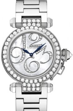 WJ12320G | CRWJ12320G CARTIER PASHA 32MM WOMEN'S WATCH Store Display Model (What's This?) - With Manufacturer Serial Numbers - Swiss Made - Mother of Pearl White Dial Set with Diamonds - Diamonds Set on Bezel - 18k White Gold Crown Set with a Diamond - Diamond Shaped Blue Steel Hands - Battery Operated Quartz Movement - 3 Year Warranty - Guaranteed Authentic - Certificate of Authenticity - Manufacturer Box & Manual - Scratch Resistant Sapphire Crystal - 30 Meters / 100 Feet Water-Resistant - 32mm = 1 1/4" Case, 6" Adjustable Bracelet - Solid 18k White Gold Case and Bracelet - Screw Down Crown Cover - 18k Gold Deployment Buckle - Free Bracelet Sizing     Also Known As Model # 12320G Cartier Pasha Watch, Cartier Watches Women, Cartier Pasha, Rolex Women, Cute Watches, Cartier Panthere, Cartier Santos, Cartier Watch, Authentic Watches