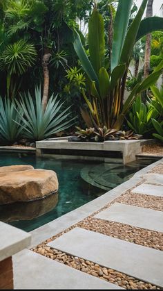 an outdoor swimming pool surrounded by plants and rocks in the middle of a tropical garden