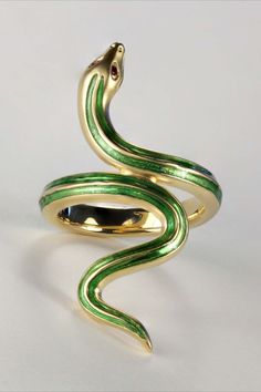 Green Striped Snake Ring made of 18k gold, ruby and enamel from Lunar Rain. Designed by Melissa Chen. Striped Snake, Ring Size Chart, Egyptian Revival Jewelry, Serpent Jewelry, G Ring, Rain Design, Earthly Delights, Beautiful Snakes, Green Snake