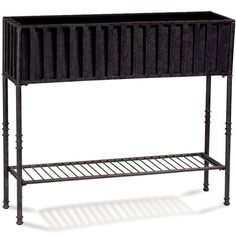 a black plant stand with two shelves on each side and one shelf below the top