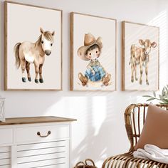 three framed pictures hang on the wall above a wicker chair