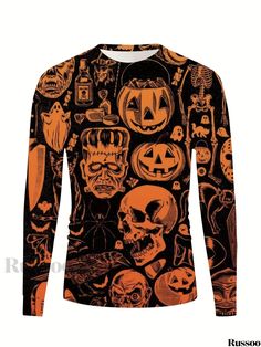 Russoo - Mens Street Long Sleeve Crew Neck T-shirt with Halloween-Inspired Anime Pattern, Perfect for Spring and Fall Seasons Long Sleeve Halloween Streetwear Shirt, Spooky Long Sleeve T-shirt With Screen Print, Halloween Graphic Print Long Sleeve T-shirt, Fall Skull Print Long Sleeve T-shirt, Halloween Long Sleeve T-shirt With Skull Print, Fall Season, Spring And Fall, Neck T Shirt, Crew Neck