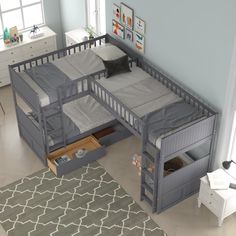 a child's bedroom with bunk beds and drawers