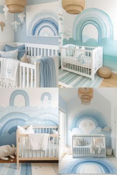 a baby's room with blue and white decor