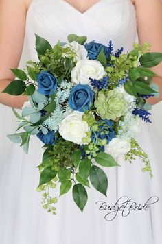 a bridal holding a bouquet of blue and white flowers