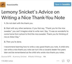 the tweet is asking someone to write a thank note