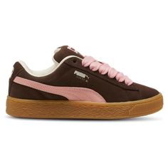 PUMA Suede XL | Foot Locker Shoes Size 6 Womens, Brown Pink Shoes, Trendy Gym Shoes, Cute Everyday Shoes For Women, Cute Puma Shoes, Pink And Brown Shoes, Puma Suede Xl Outfit Woman, Shoes For Winter Womens, Pumas Shoes Women