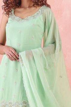 Pastel green kurta with placement embroidered motifs. Comes with sharara and dupatta. - Aza Fashions Kurta Sharara Set, Organza Embroidery, Kurta Sharara, Embroidered Motifs, Beaded Leaf, Beaded Neckline, Sharara Set, Silk Organza, Green Silk