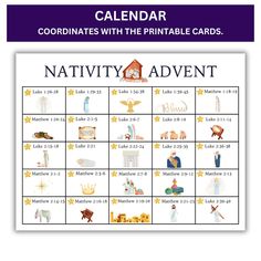 a printable calendar with pictures of nativity and the names of the items in it