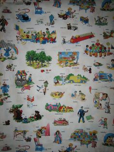 an old children's wallpaper with many different things on it, including toys