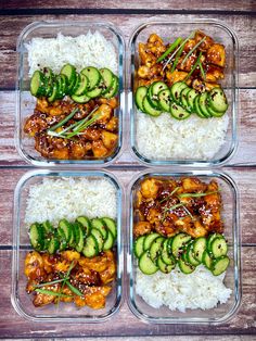 four plastic containers filled with rice and chicken next to cucumbers on top of each other