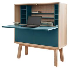 an open cabinet with a laptop on it