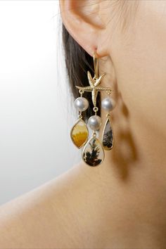 Ocean Fragments Earrings made of 14k gold and Akoya pearls from Lunar Rain. Designed by Melissa Chen. Fauna Marina, Silvery Blue, Band Necklace, Sea Jewelry, Indie Jewelry, Starfish Earrings, Ocean Jewelry, Dendritic Agate, Akoya Pearls