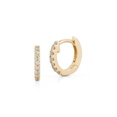 These pavé-set diamond and gold mini huggie earrings are a perfect size for those looking to fill 2nd, 3rd, 4th etc. piercings, or for those with petite earlobes. These diamond huggies hug your earlobe just right and are a brilliant addition to your ear stack. For most people, the mini huggies will fit in your second or third piercing, but some can wear these in their first hole. These diamond huggie earrings are the everyday staple earrings you've been hunting for. They are a favorite of the Da Staple Earrings, Dana Rebecca Designs, Diamond Huggie Earrings, Diamond Huggies, Ear Stack, Diamonds And Gold, Huggie Earrings, Black Rhodium, Rose Gold Diamonds