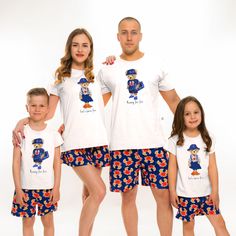 Feel fresh and trendy with our matching Family Pajamas, our bright and funny crabs printed pyjama set that has been magnificently made in house here in or factory! Our soft cotton pyjamas are made with outstanding combed cotton making them super soft and sustainable! With fresh design and colors every father and son will feel great at home this summer :) ♥ The price is per set ♥  (One set consists of 1 blouse and 1 pair of short pants) ♥ Short sleeve top and elasticated waist shorts ♥ ♥ Material Cartoon Print Cotton Sleepwear For Summer, Cotton Sleepwear With Character Print For Loungewear, Casual Cartoon Print Cotton Sleepwear, Casual Cotton Sleepwear With Cartoon Print, Casual Short Sleeve Sets For Holiday, Blue Cotton Holiday Sleepwear, Fun Cotton Loungewear Set, Cotton Character Print Sleepwear For Pajama Party, Cotton Sleepwear With Character Print For Pajama Party