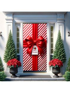 a christmas door decorated with poinsettis and a red bow