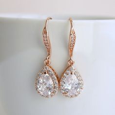 Rose Gold Dangle Earrings Wedding Jewelry Rose by poetryjewelry Elegant Rose Gold Teardrop Earrings For Anniversary, Rose Gold Drop Bridal Earrings For Anniversary, Rose Gold Drop Bridal Earrings, Rose Gold Bridal Drop Earrings With Elegant Design, Classic Rose Gold Bridal Earrings For Wedding, Sparkling Rose Gold Drop Earrings, Rose Gold Pear-shaped Earrings For Anniversary, Anniversary Bridal Drop Earrings, Rose Gold Drop Earrings For Party