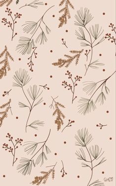 a pattern with pine branches and berries on a pink background that has brown polka dots