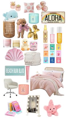 a collage of pink and white items including a bed, teddy bear, lamp, perfume