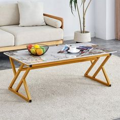 a living room with a couch, coffee table and potted plant