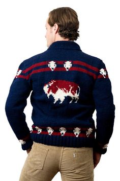 This ultra kitschy Cowichan-style Buffalo sweater is based on a vintage knitting pattern from the 1950s, popularized by famed knitware company Mary Maxim. We brought it back to life, because who wouldn’t want to step out with bright red and white bulls in classic Cowichan styling charging across their chest? Your sweater will be made to order. Please allow 6-8 weeks for your custom made to order sweater to ship.Please note that this is a NEW sweater, NOT a vintage sweater. That makes it the idea Retro Knit Outerwear For Winter, Vintage Crew Neck Outerwear For Winter, Retro Knitted Long Sleeve Outerwear, Vintage Winter Jacquard Knit Cardigan, Retro Wool Sweater With Fair Isle Pattern, Vintage Jacquard Knit Winter Outerwear, Retro Long Sleeve Fair Isle Cardigan, Retro Fair Isle Pattern Outerwear For Fall, Retro Fair Isle Outerwear For Fall