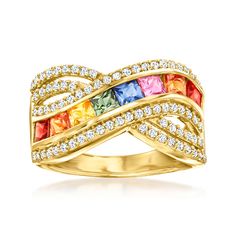 Ross-Simons - 1.20ct t. w. Multicolored Sapphire, .60ct t. w. White Zircon Ring Over Sterling. Size 5. If it's color you crave, this stunning ring will leave you satisfied. A shimmering display of 1.20 ct. t. w. multicolored sapphire squares emit a radiant rainbow, sparked by waves of .60 ct. t. w. white zircon rounds. Crafted in 18kt yellow gold over sterling silver. 1/2" wide. White zircon and multicolored sapphire ring. Multi Sapphire, Zircon Ring, Sapphire Stone, Stone Cuts, Buy 1, Sapphire Ring, Stone Color, Jewelry Watches, 18k Gold