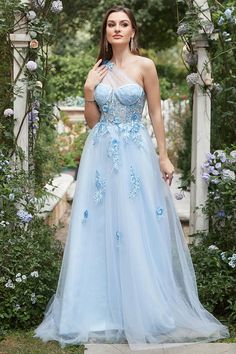 Sky Blue Prom Dress, One Shoulder Prom Dress, Dress Display, Blue Tulle, Prom Dresses Blue, Floor Length Dresses, Long Prom Dress, Women Dress, Evening Party