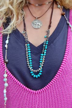 The Terry Turquoise Layering Necklace ♡ Product Highlights ♡ Our Terry Turquoise Layering Necklace is the perfect accessory to add to any on-trend bohemian style outfit! Layered with any of our many statement necklaces, of your choosing, the Terry Turquoise Layering Necklace will be sure to be a wonderful addition to any necklace layering style! ✁ Contents & Measurements ✁ Our Terry Turquoise Layering Necklace features: • Genuine leather necklace chord • 2 rows of an assortment of smooth turquoi Adjustable Southwestern Turquoise Necklace, Hippie Turquoise Festival Jewelry, Bohemian Turquoise Jewelry With Natural Stones, Bohemian Blue Jewelry For Festivals, Adjustable Turquoise Hippie Necklace, Hippie Turquoise Jewelry With Natural Stones, Bohemian Multi-strand Adjustable Turquoise Necklace, Adjustable Turquoise Necklace For Festivals, Adjustable Bohemian Multi-strand Turquoise Necklace